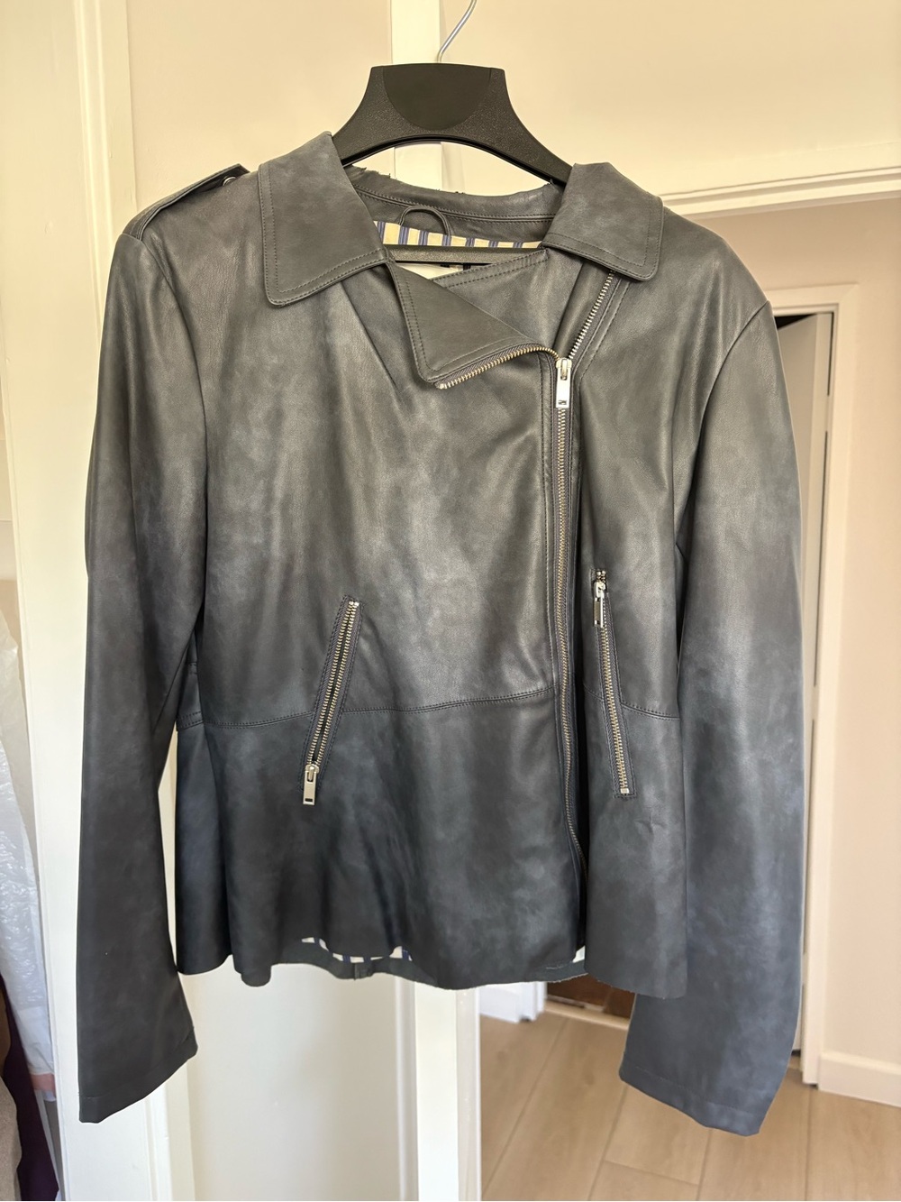Anthropologie Gray Leather Moto Jacket with Asymmetrical Zip